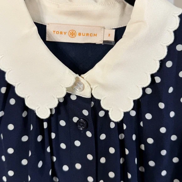 Tory Burch Navy Polka Dot silk Dress w/ white scalloped collar size 2 LIKE NEW - Picture 5 of 16
